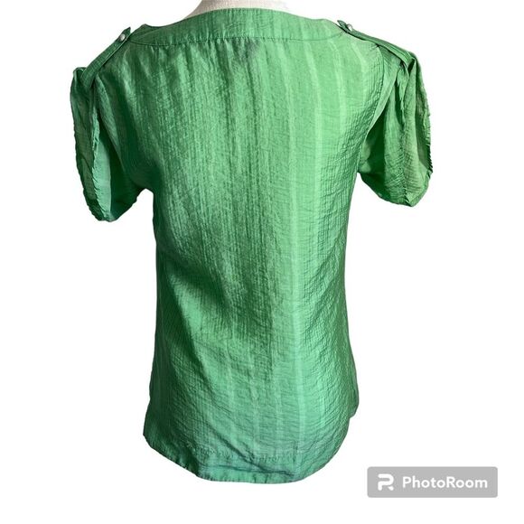 H&M Green Silky Peasant Button Front Popover Short Sleeve Blouse Women’s Size 8 - Picture 2 of 10
